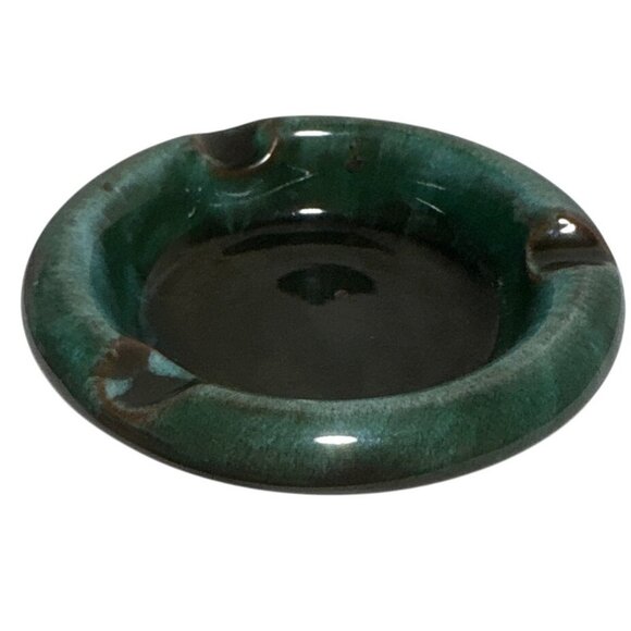 Blue Mountain Pottery Ashtray 3.75" Round Green Drip Glaze 3 Rests Vtg Canada - Picture 1 of 5